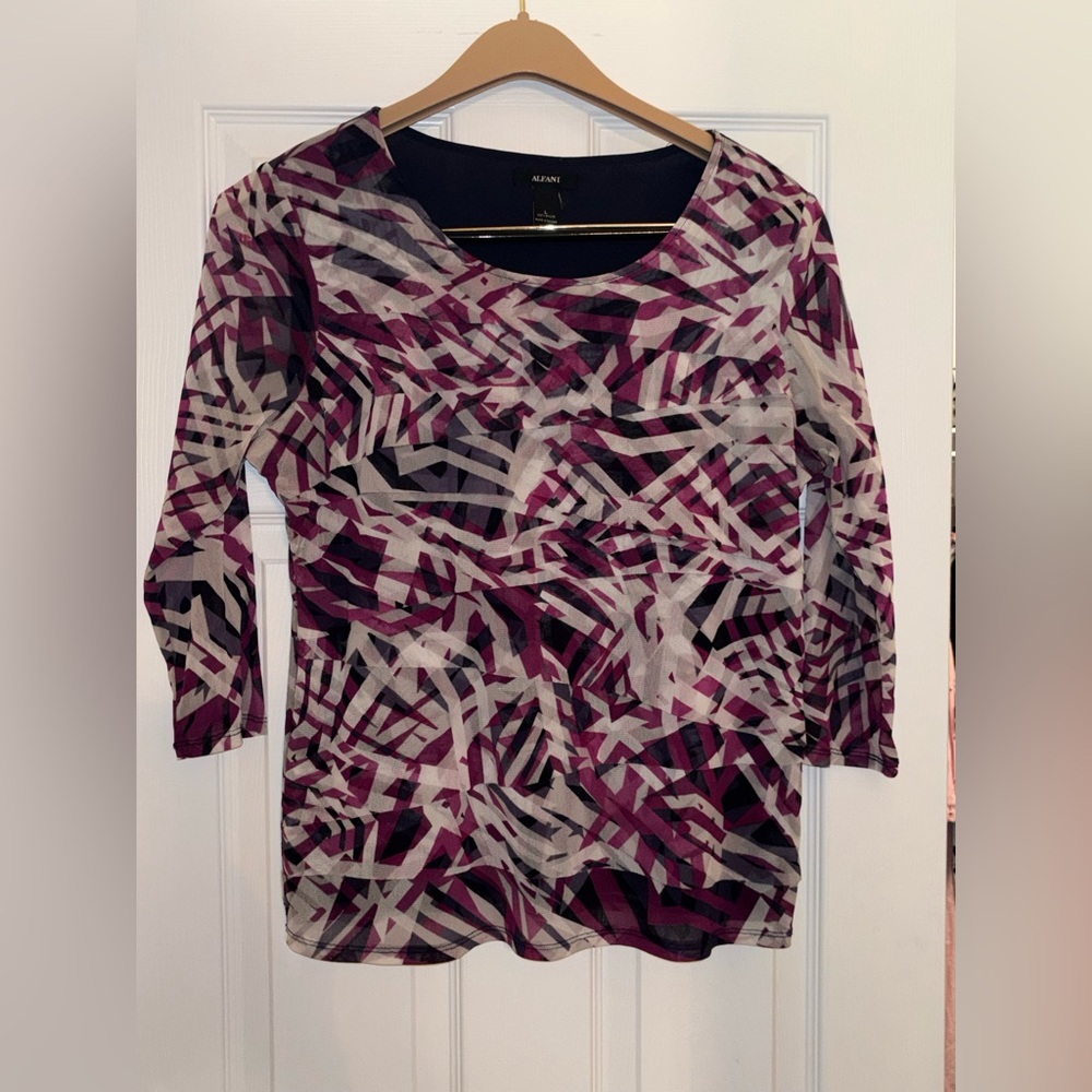 Alfani Plum and Gray Abstract Scoop Neck Top